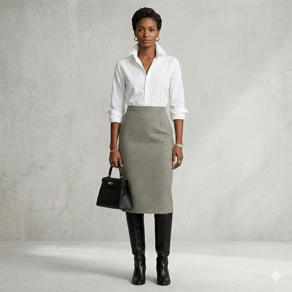 Parisian Signature Houndstooth 100% Wool Pencil Skirt Size 6 vintage Luxury